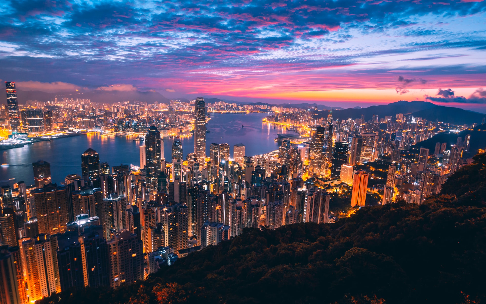 Beautiful nighttime view of Hong Kong