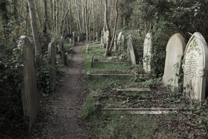 Abandoned graves of Highgate Cemetery in London, UK.