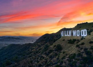 Hollywood sign at sunset.