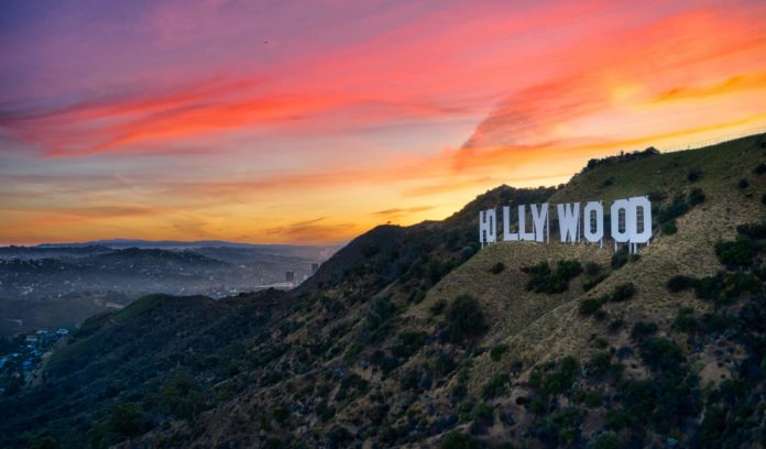 Hollywood sign at sunset.