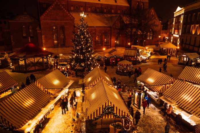 Christmas market at Dome Square, Riga, Latvia.