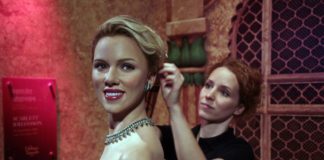 A wax figure of Scarlett Johansson displayed at Madame Tussauds Wax Museum in New Delhi, India.