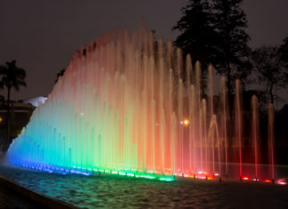 Illuminated fountains in Magical Water Circuit in Reserve Park, Lima, Peru.